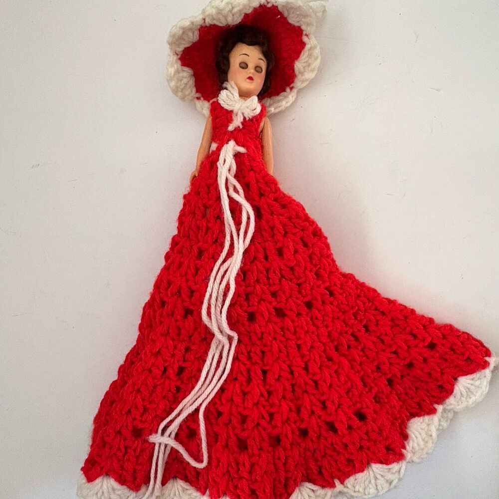 Vintage Hand Crocheted Toilet Paper Cover 1960s Red Dress Blinking Eyes Doll Hat